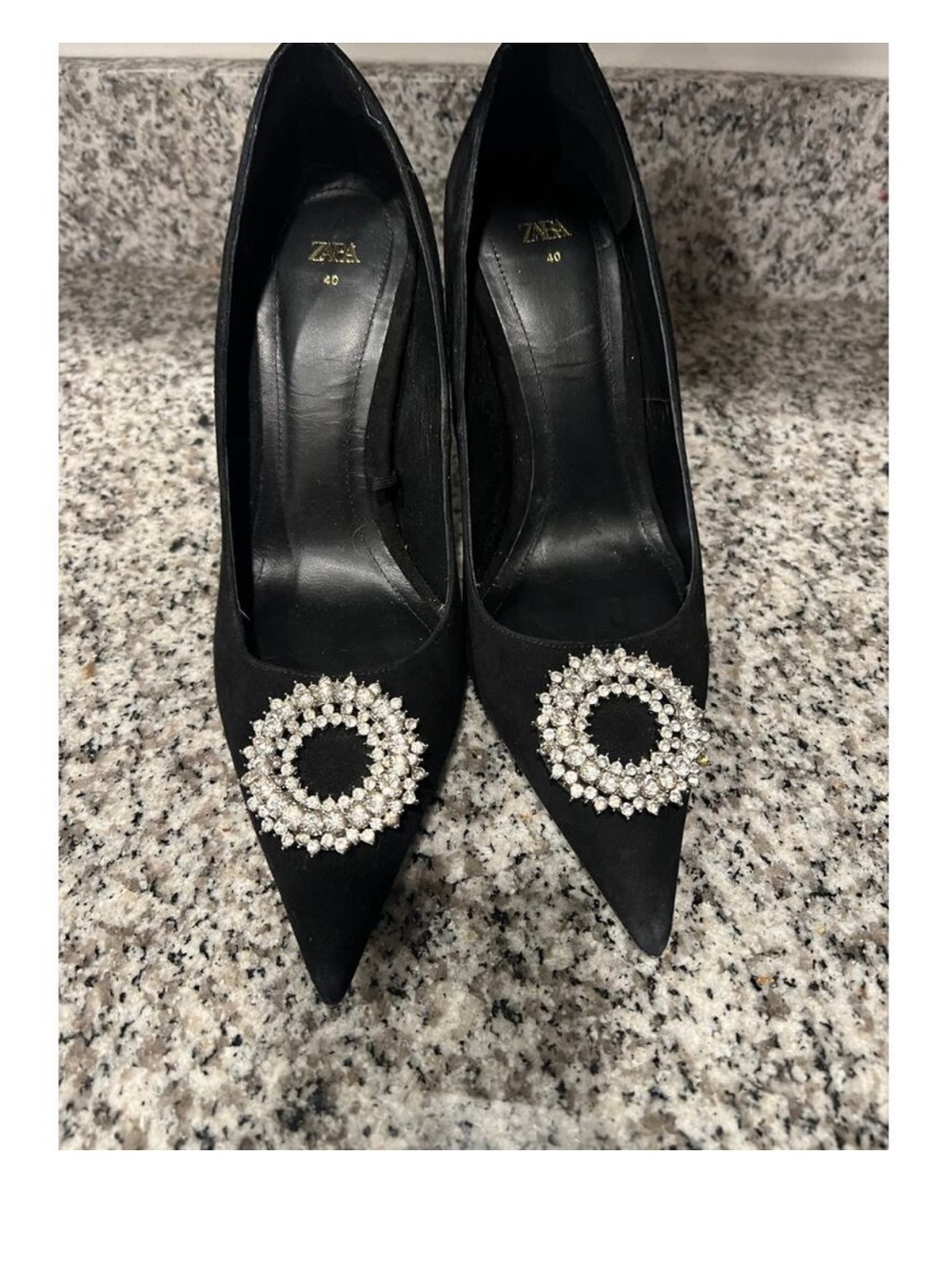 Zara Black Pointed Pumps with Crystal Circle Brooch